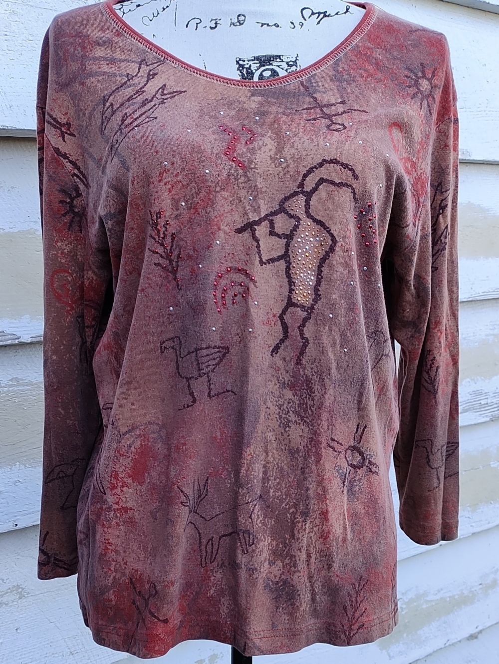 Vintage Cactus Bay 90s Y2k Petroglyph Kokopeli Rhinestones Rust Brown L/S Tee